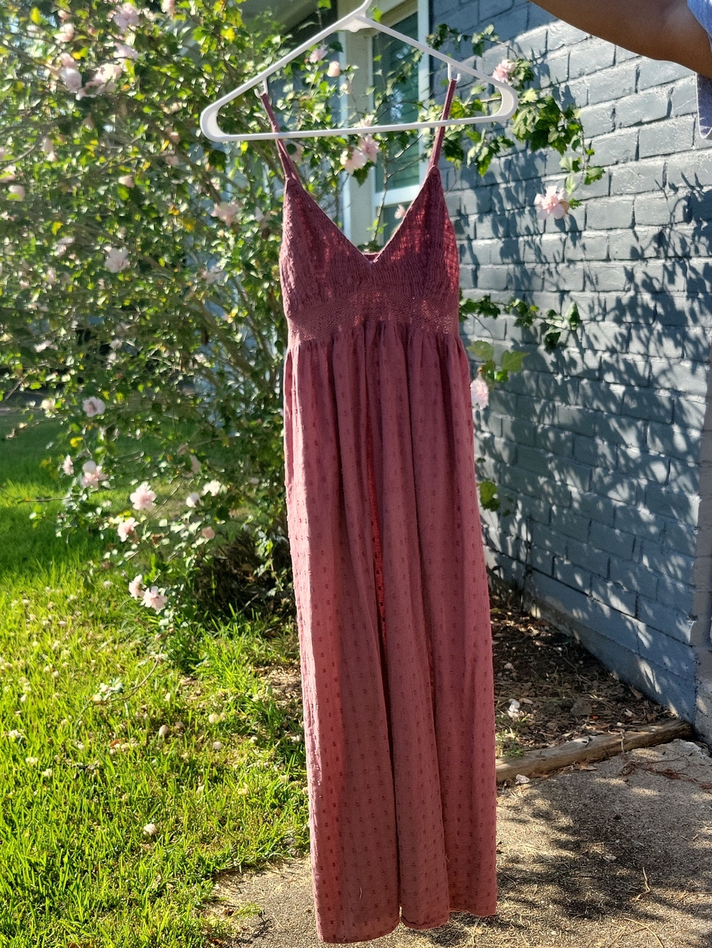 Smocked V-Neck Spaghetti Strap Maxi Dress in Dusty Rose